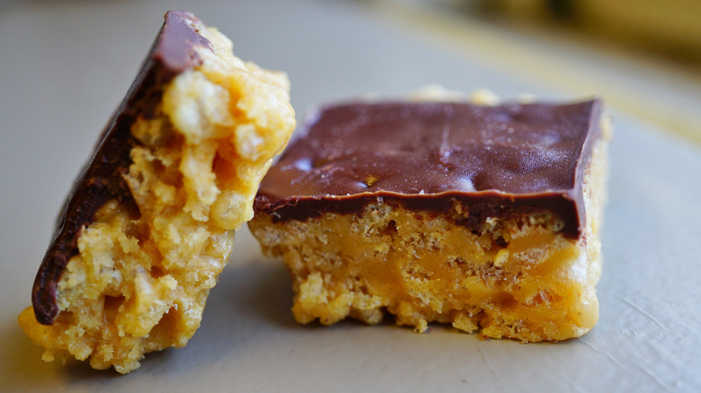 Rice Krispie squares with peanut butter and chocolate