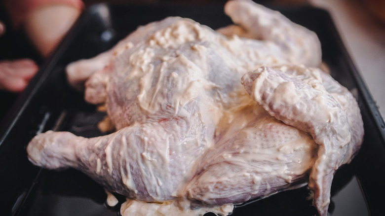 Who raw chicken covered in mayo