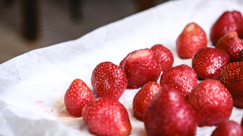 Strawberries on a baking tray