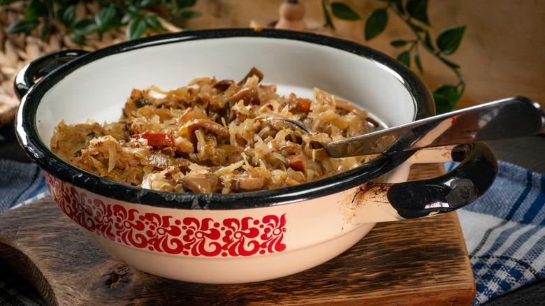 Bigos, a Polish stew made with pork, cabbage, and tomatoes