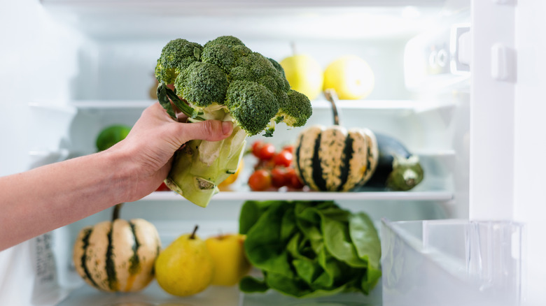 Hand holding head of fresh broccoli in front of open fridge
