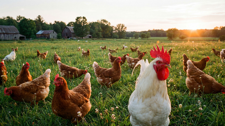 Free range chickens on a green field with farm buildings.