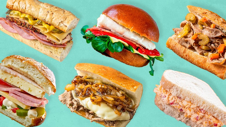 multiple sandwiches against turquoise background