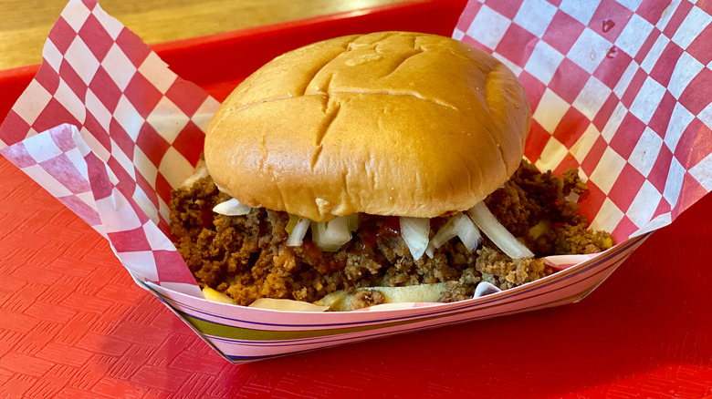 Iowa tavern loose meat sandwich in paper boat