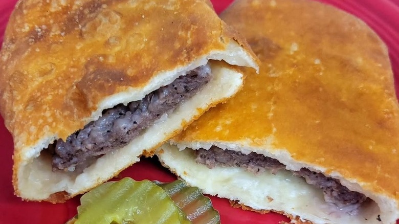 Fleischkuechle cut in half
