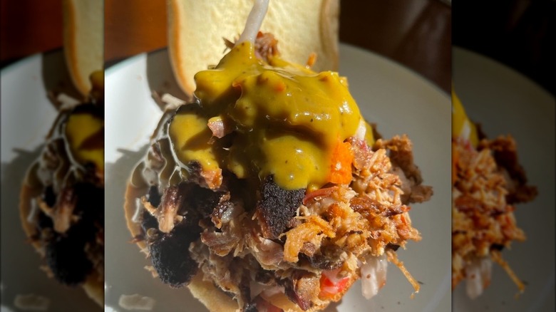 Carolina pulled pork sandwich with gold sauce
