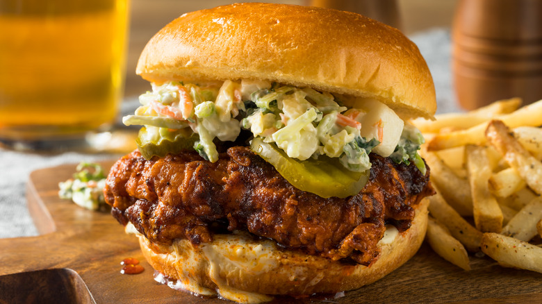 Nashville hot chicken sandwich with fries