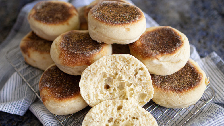 Whole and halved English muffins