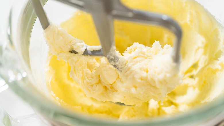 partially-creamed butter and sugar in a mixing bowl
