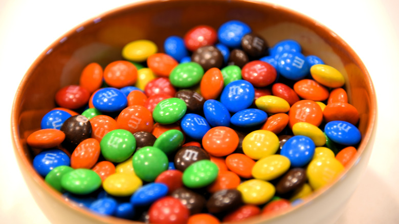 Close-up of a bowl of M&Ms candy