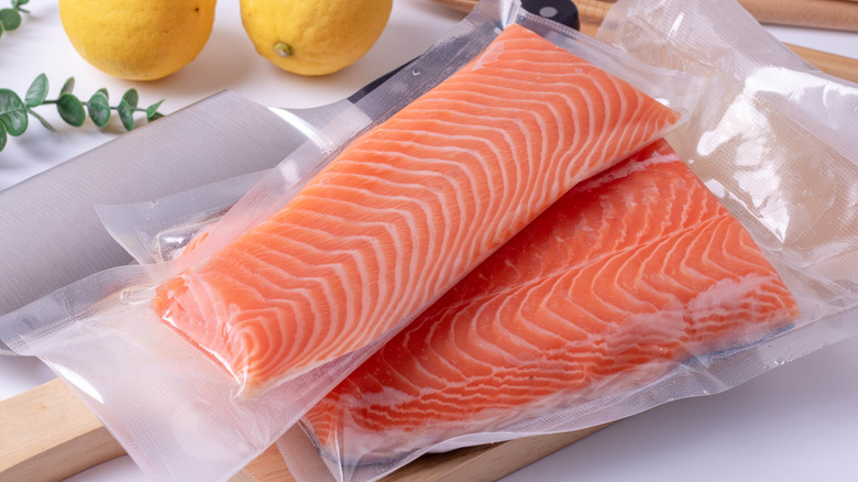 Frozen vacuum-sealed salmon fillets