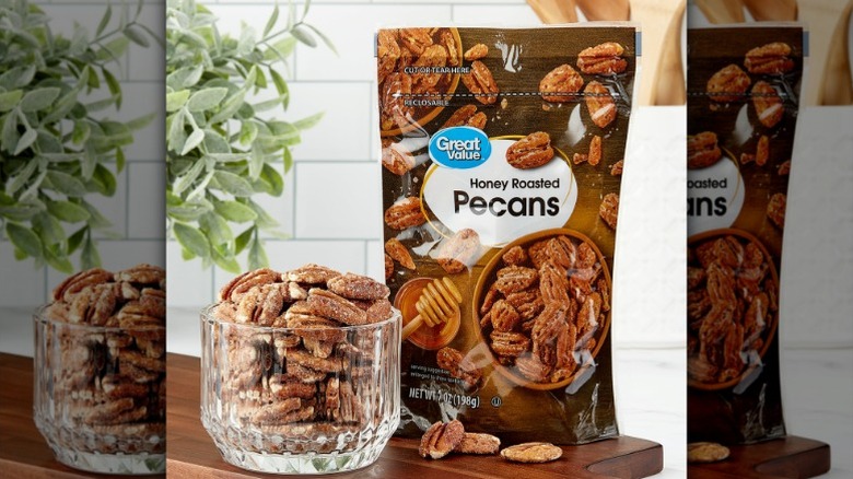 Great Value honey-roasted pecans in a bag and a bowl