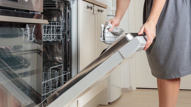 Wiping down a dishwasher door