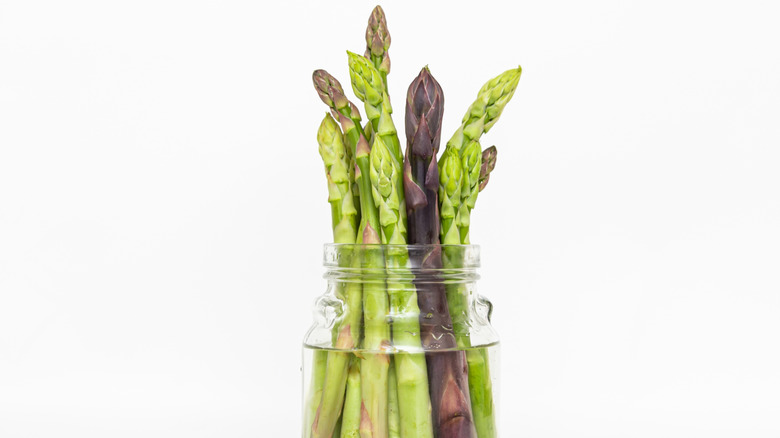A bunch of asparagus stored in jar of water