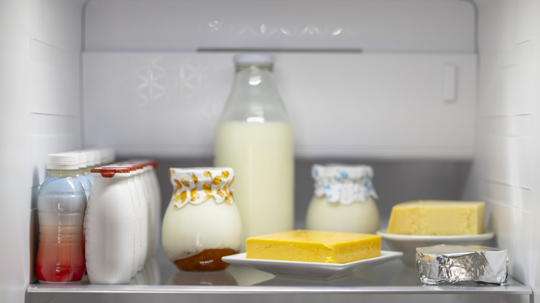 A variety of dairy, including butter, milk, and cheese, in a kitchen fridge