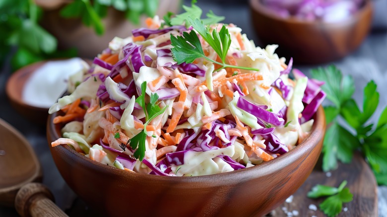 big bowl of purple and green cabbage coleslaw