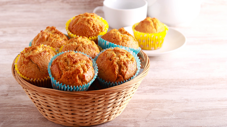 Basket of muffins in blue and yellow paper wrappers