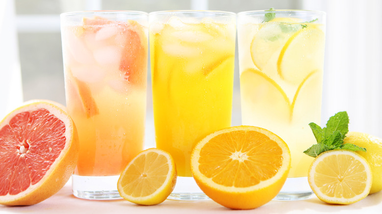 Ice cold glasses of juices and lemonade