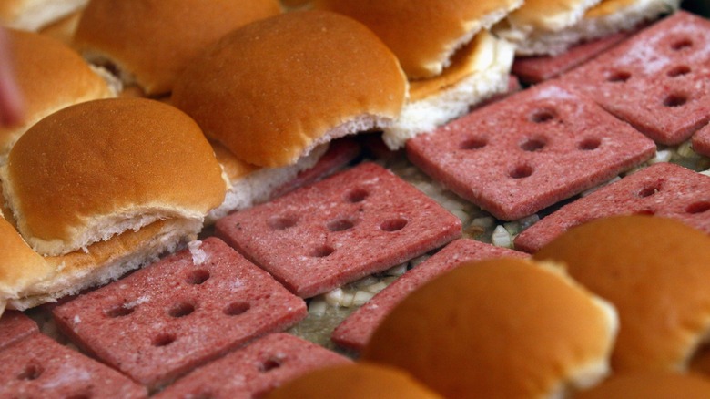 Buns and raw White Castle beef for sliders