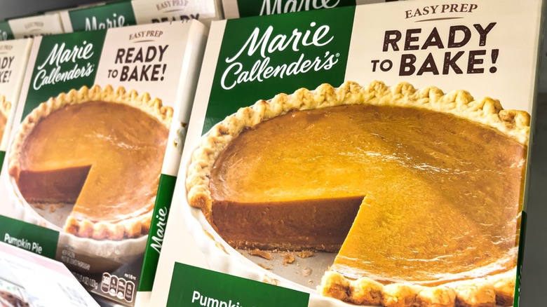 Several boxes of Marie Callender's frozen pumpkin pies.