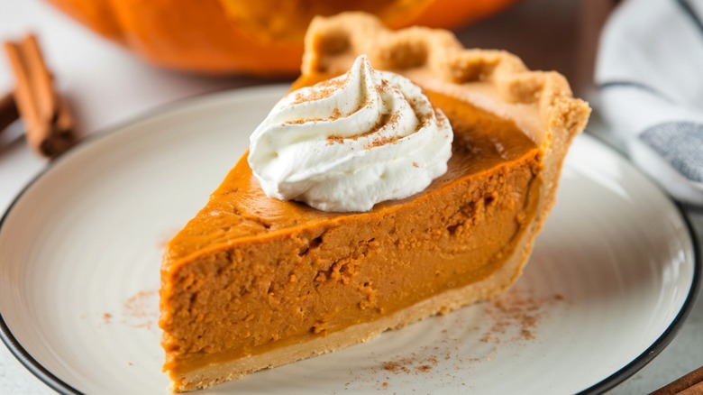 Slice of pumpkin pie with cinnamon sprinkled whipped cream on top