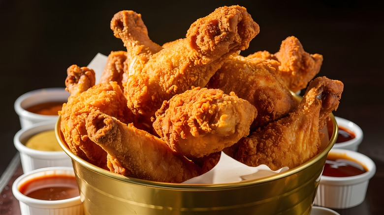 Fried chicken in a metal drum with sauces