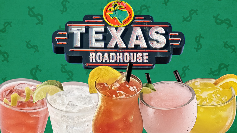 A graphic with the Texas Roadhouse sign above a row of cocktails with a green background sporting money signs.