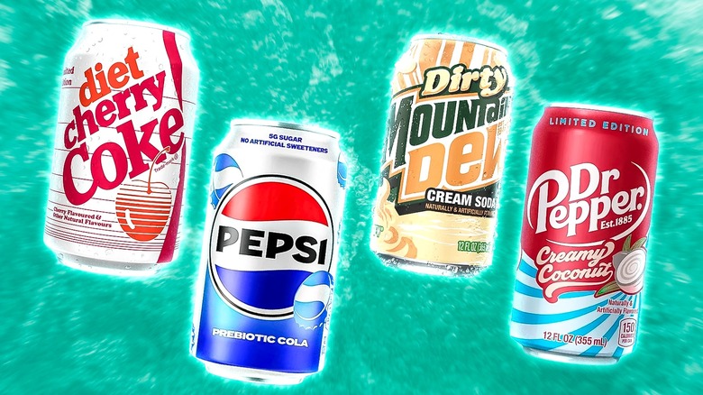 Composite image of cans of various sodas on a green background