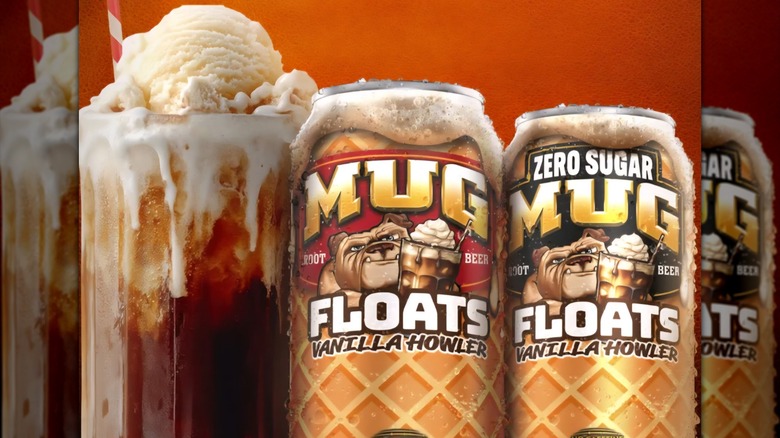 Cans of Mug Floats Vanilla Howler Root Beer beside a glass with a root beer ice cream float and straw