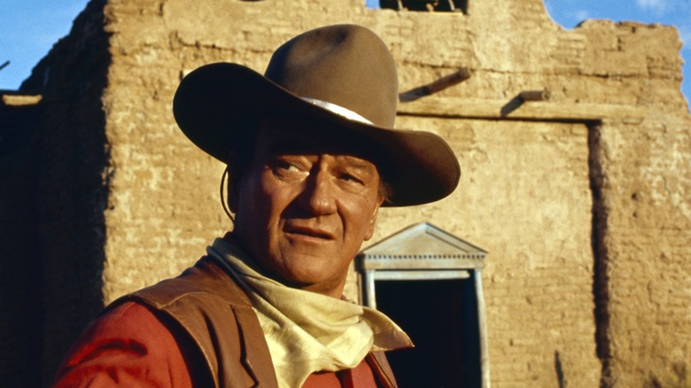 Actor John Wayne on the set of a film.
