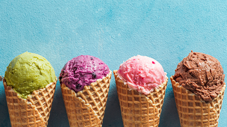 Various ice cream scoops in cones