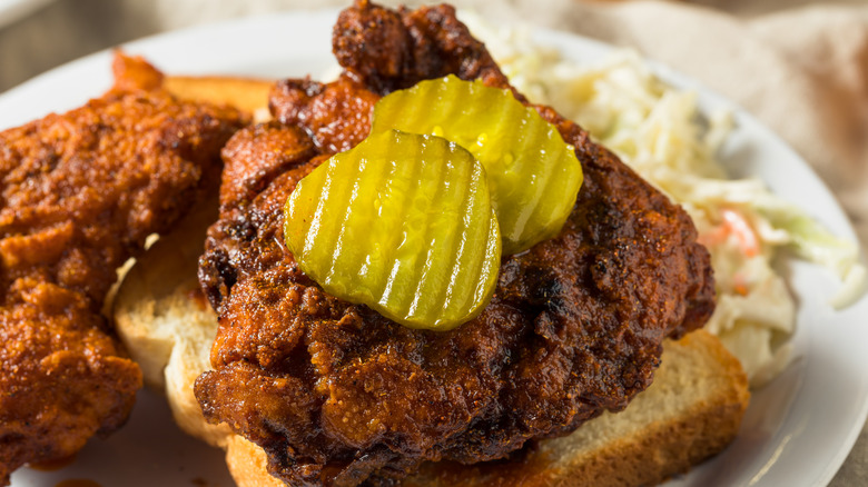 nashville hot chicken on bread with pickles