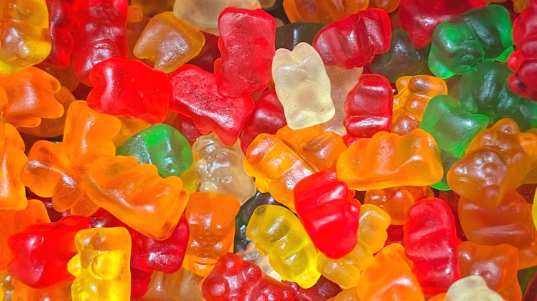 An overhead view of gummy bears.