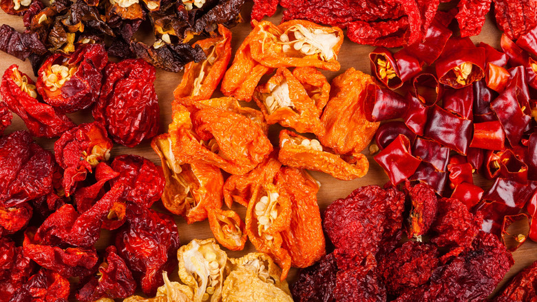 A platter of ghost peppers, habaneros and Carolina reapers.