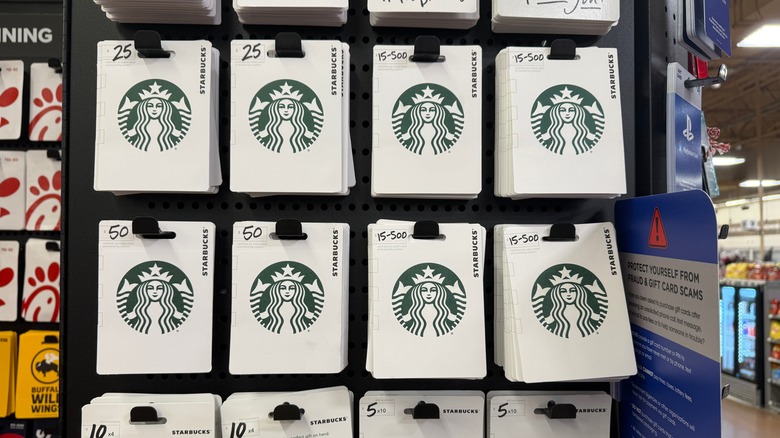 Multiple rows of Starbucks gift cards
