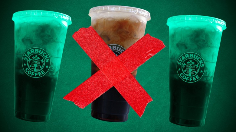 Three trenta Starbucks cups with a red x over the one in the middle.