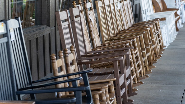 A row of rocking chairs at Cracker Barrel