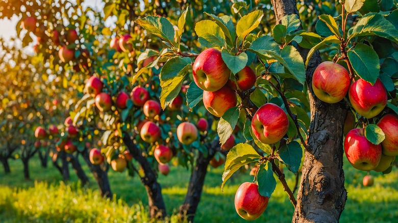 Rows of ripe red apples on trees in the sunshine