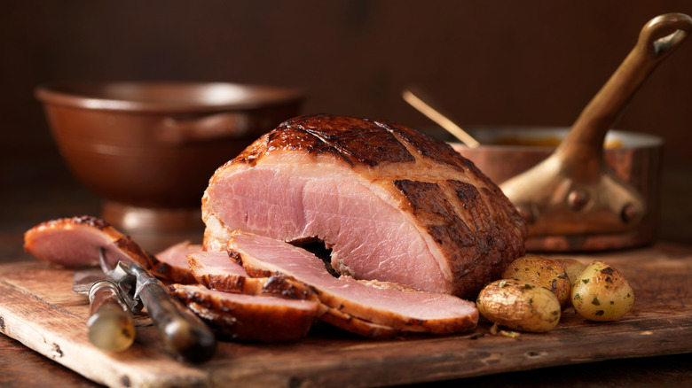 Meat glazed with a barbecue sauce.