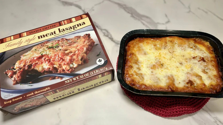 Box and pan of Trader Joe's Family Style Meat Lasagna