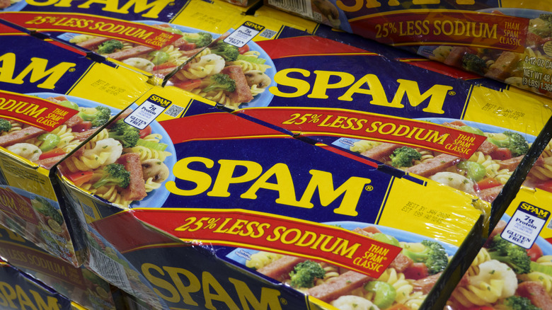 Bulk packages of Hormel spam 25% less sodium on display in a store