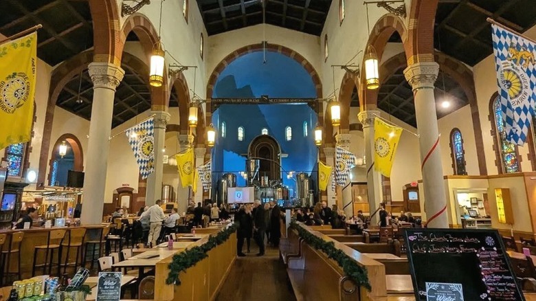 The interior of The Church Brew Works, showcasing its ornate architecture.