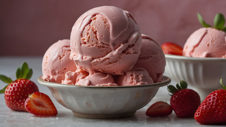 Scoops of strawberry ice cream in a bowl with fresh strawberries
