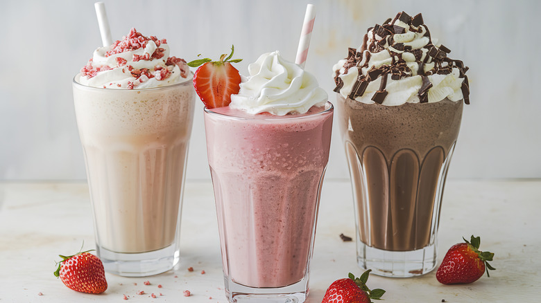 three vanilla, strawberry, and chocolate milkshakes with straws and whipped cream
