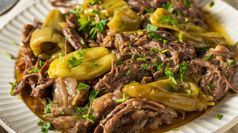 Mississippi pot roast on a white plate