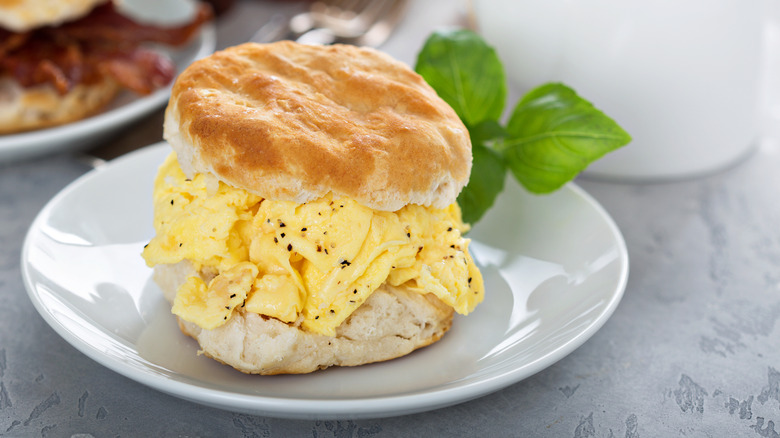 Biscuit with scrambled eggs on white plate with mint