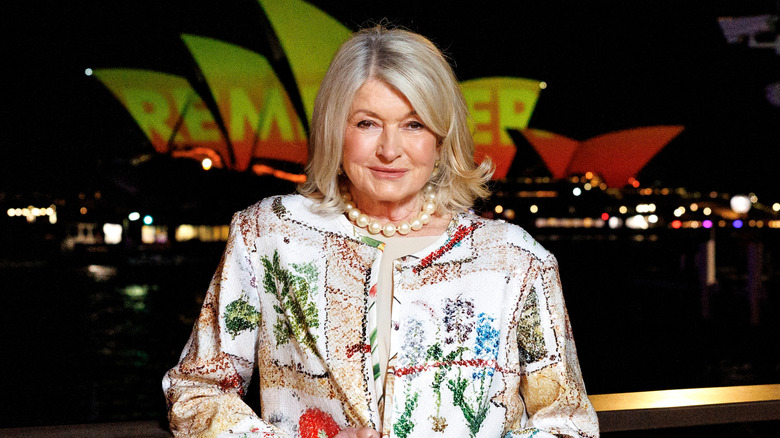 Martha Stewart in pearl necklace and colorful jacket