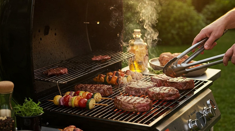 A person grilling a variety of steaks and kabobs