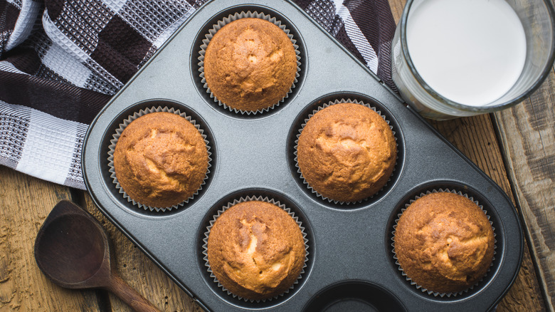 Overhead of baked muffins in a muffin tin