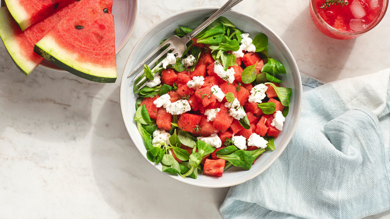watermelon salad in a white bowl